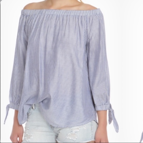 Potters Pot - women’s striped off shoulder top with tie at wrist. Size medium - Picture 1 of 11